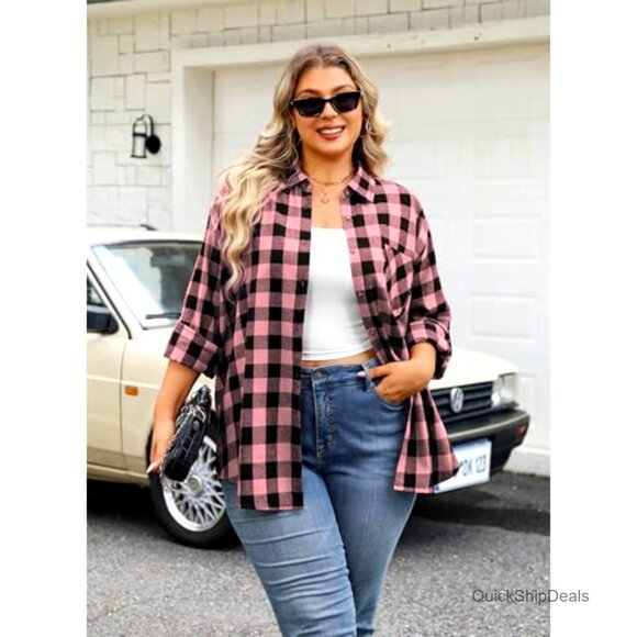 Plus Size Flannel Button Down Shirt Soft Long Sleeve Plaid Blouse - Picture 2 of 7